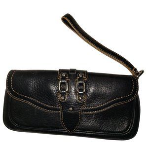 COLE HAAN Black Leather Vintage Wristlet Pebbled Leather Flap Purse Clutch